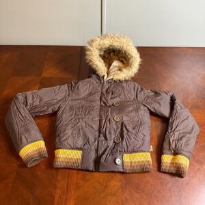 Vintage Y2K Hollister Down Puffer Jacket Womens Medium Faux Fur Hood Preppy Rare